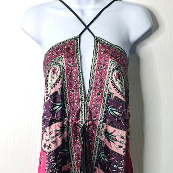 Vintage Y2K Boho Paisley Slip Dress Pink Black Handkerchief Hem Spaghetti Strap - Picture 4 of 10